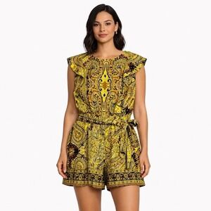 Boohoo Abstract Ruffle Belted Playsuit Yellow Paisley Romper Shorts Women US 10